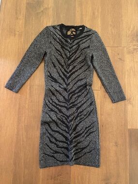 Express Black and Silver Zebra-Print Long Sleeve Sheath Dress